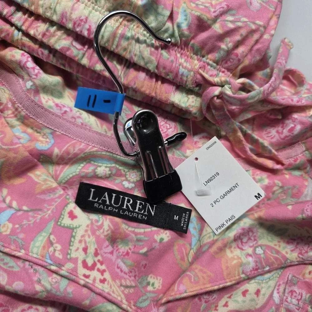 New RALPH LAUREN 2PC Pajama Set Pink Paisley Floral Short Sleeve Capri Pant